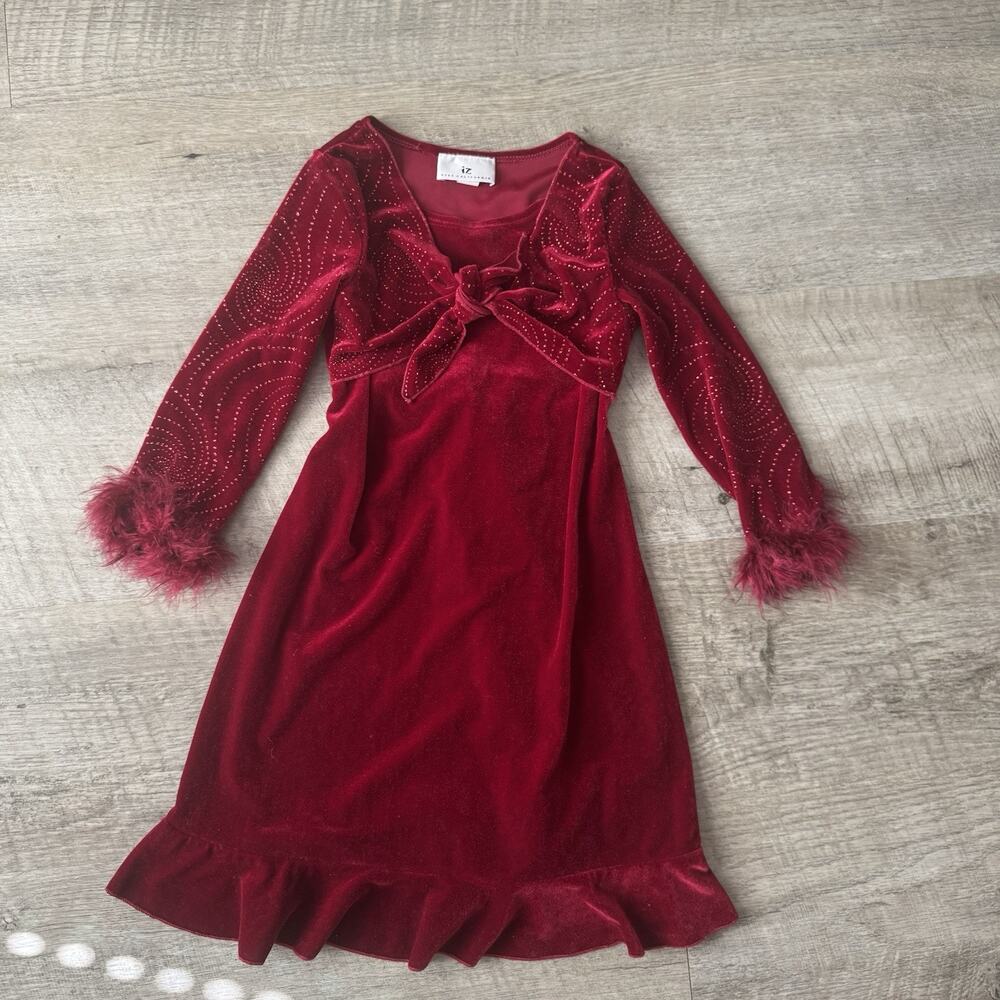 VTG 90s Girls Size 6 Red Velvet Dress Feather Sparkle Ruffle Holiday Christmas